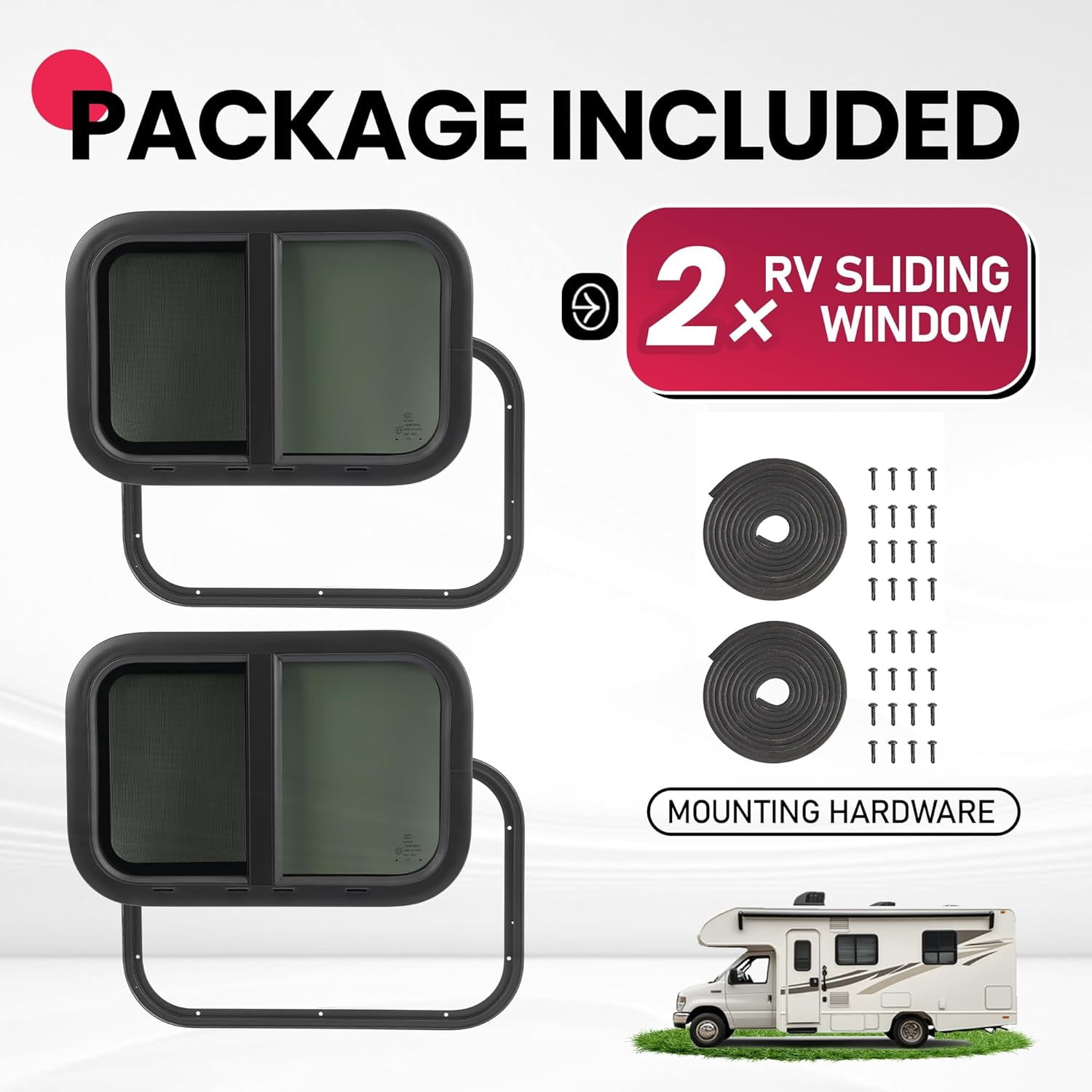 KOJEM RV Windows 21" W x 14" H w/Mesh Screen & Trim Ring 2 Pack Horizontal Window Tinted Universal Teardrop Side Window For Truck Camper Trailer Tempered Glass Aluminium Plastic Rubber Black