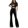 thumbnail image 2 of Musuos Women Velvet Flared Trousers, Solid Color High Waist Wide Leg Long Pants, Stretchy Bell Bottoms for Fall, Winter, 2 of 4