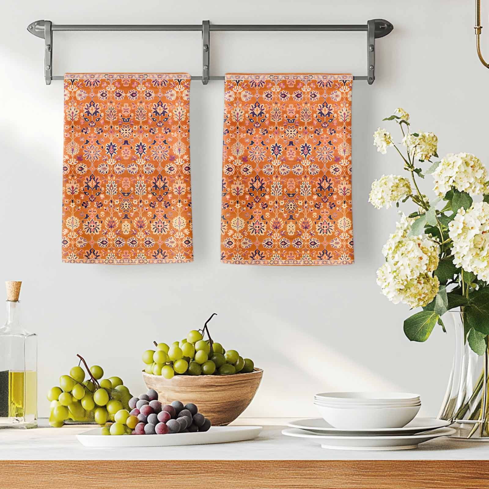 Boho Orange Kitchen Towels Set of 2, Country Style Bohemian Floral Retro Tribal Absorbent Dish Towels for Kitchen, Microfiber Hand Towel, Quick Drying Tea Towel for Cleaning Decorative Dishcloths