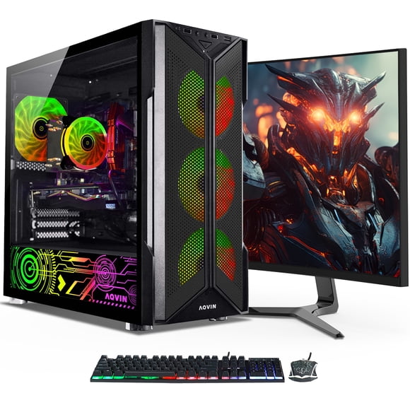 AQVIN Gaming Computer PC Desktop-Hexa Core i7 Processor Up to 4.6Ghz,GeForce RTX 3060 12GB GDDR6,32GB RAM DDR4 Memory 1TB SSD Storage,27inch Gaming Monitor,RGB Keyboard and Mouse,Windows 11 Pro-Black
