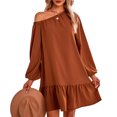 thumbnail image 1 of Vestido de invierno de manga larga con hombros descubiertos, color puro, dobladillo de encaje, vestido informal para mujer para otoño, rojo pardusco S, 1 of 7