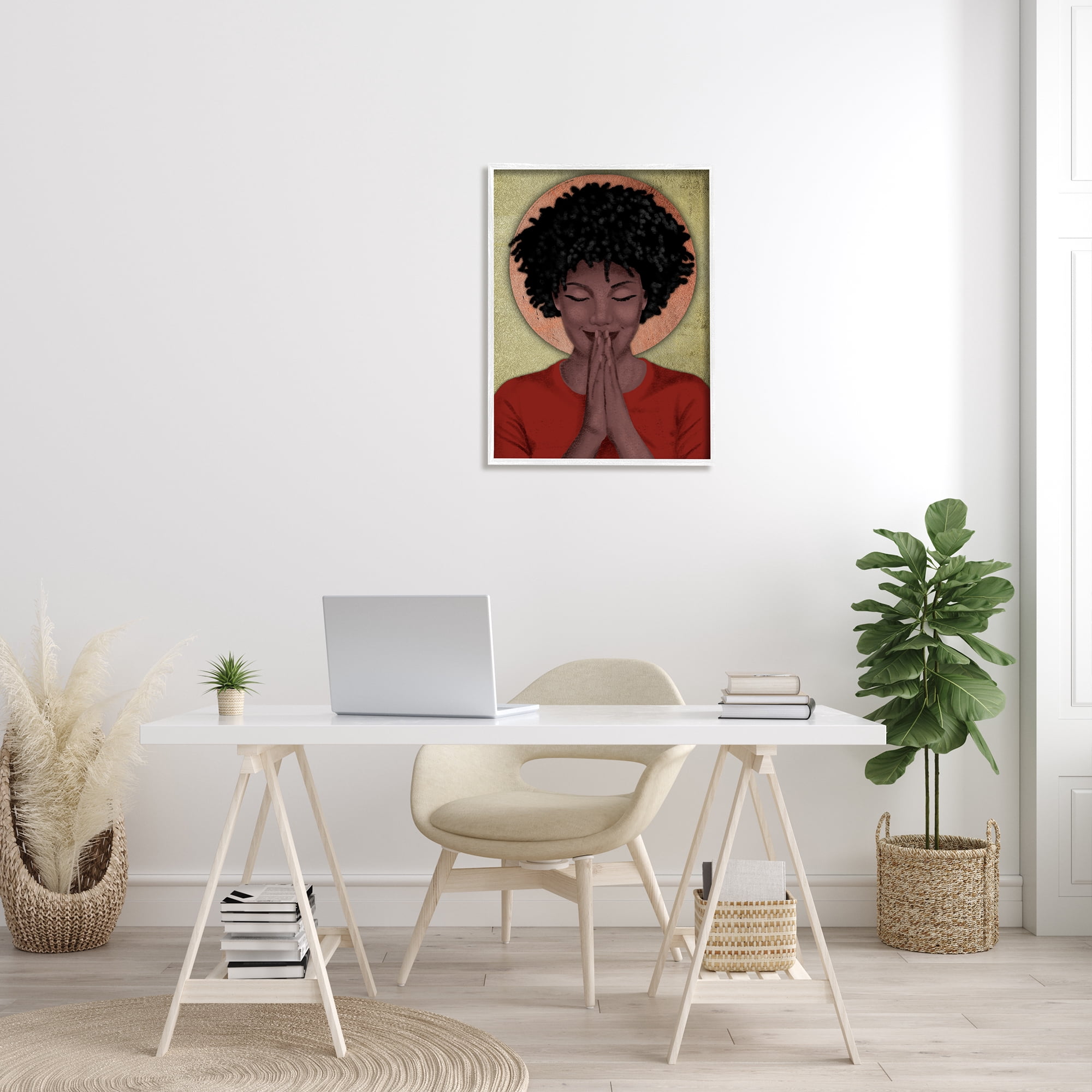 Stupell Industries Hopeful Woman in Prayer Geometric Sun Shape World Cultures Painting White Framed Art Print Wall Art, 24 x 30