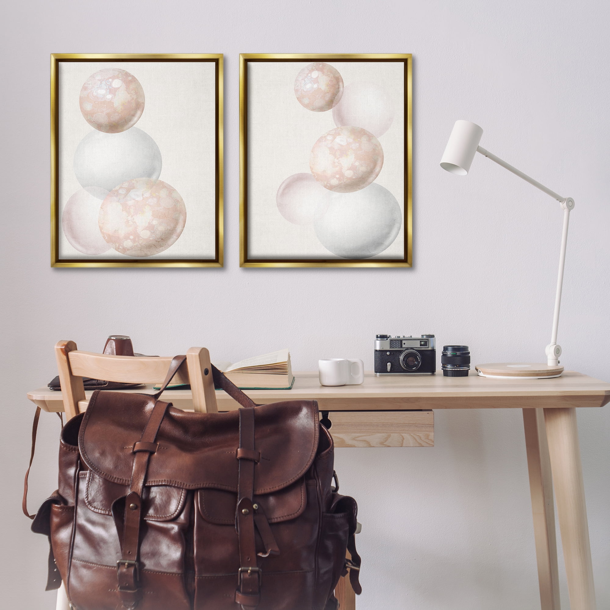 Stupell Industries Stacked Spheres Speckled Abstract Painting Gold Floater Framed Canvas Art Print Wall Art, 31 x 25, Set of 2
