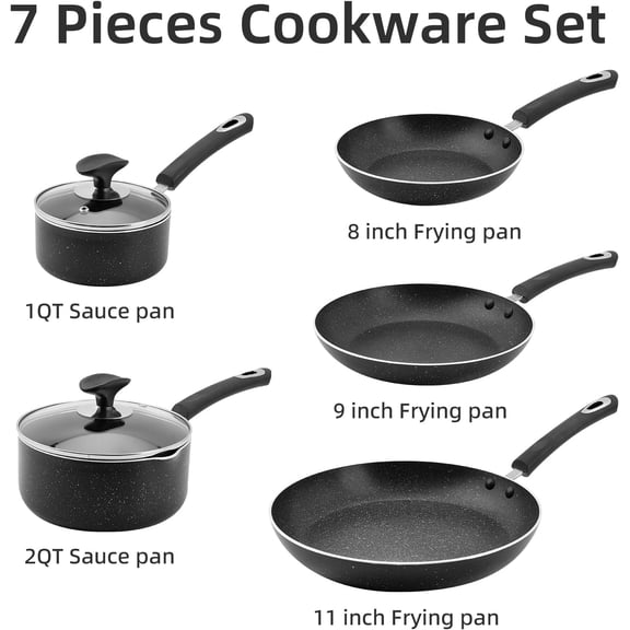 Non Stick Kitchen Cookware 7-Piece Set Black Pots and Pans for Daily Cooking