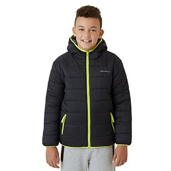 Eddie Bauer Boys' Reversible Jacket - Deer Harbor Waterproof Lightweight Puffer Coat with Faux Shearling Lining (5-20), Size 14-16, Black
