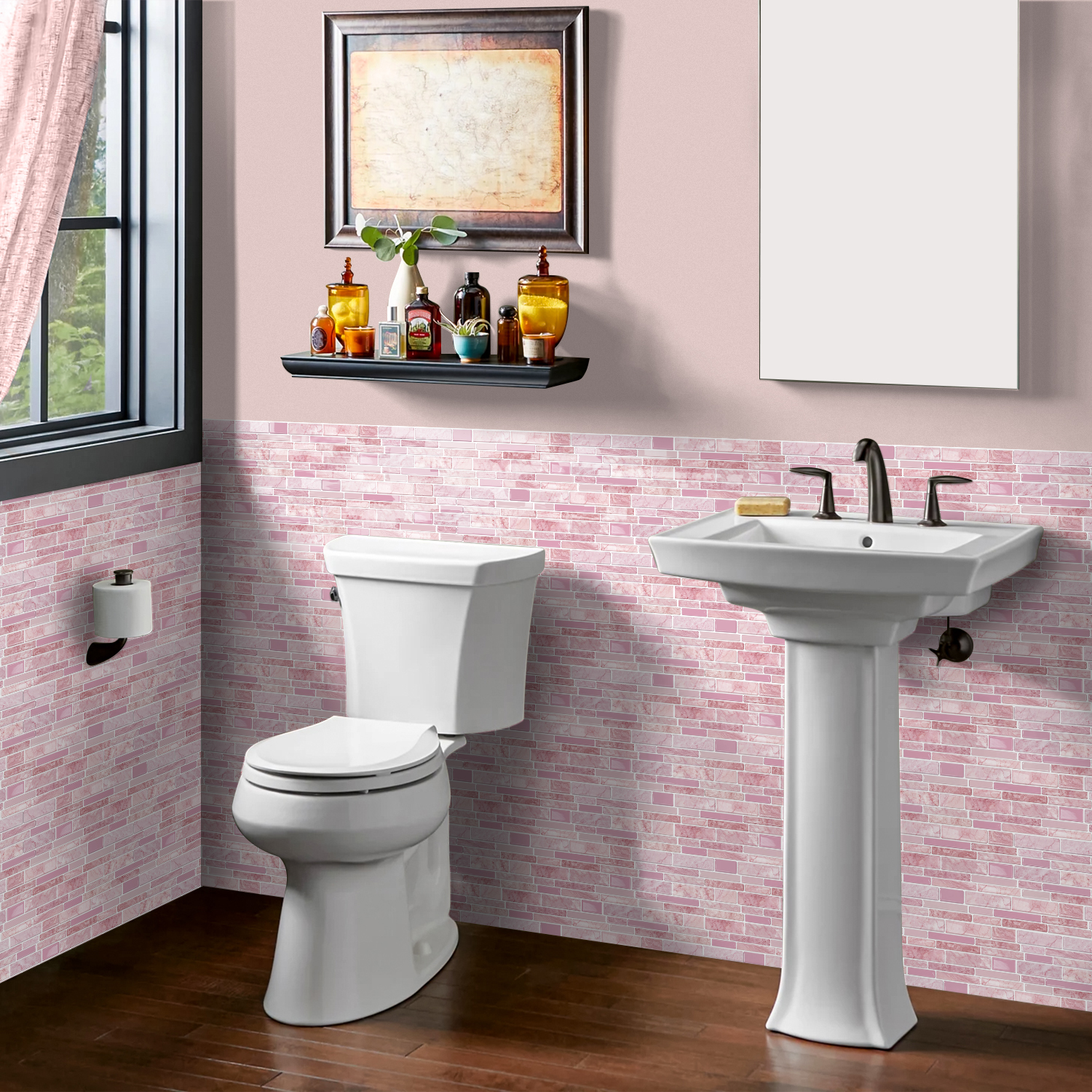 12Piece Pink Marbling 3D Tiles Stickers 4.72 x 9.68inch DIY Decor Wall Decals Self Adhesive Waterproof Peel and Stick Kitchen Backsplash