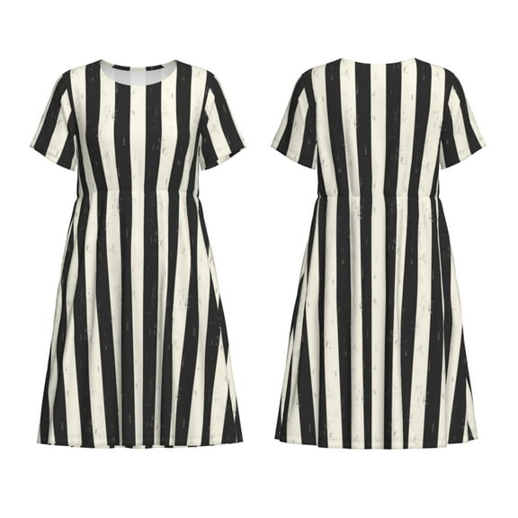 Horeoi Black And White Thick Stripes Print Women's Short Sleeve Dress Breathable Polyester-Spandex All-Over Print A-Line Side Pockets Elastic Waist