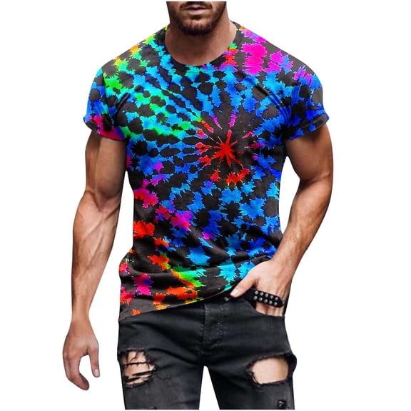 Rvwovn Men's Colorful Tie-Dye Crewneck T-Shirt, Loose Fit Outdoor Daily Tee with Multi Colors