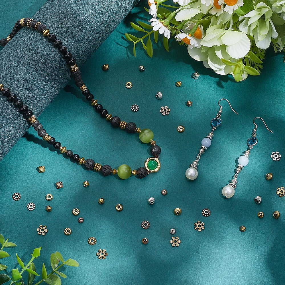 1200Pcs 24 Styles Tibetan Style Alloy Spacer Beads Sets Bicone & Flower & Flat Round Mixed Shapes Mixed Color 5~8x8x2~6.3mm hole: 1~2.4mm
