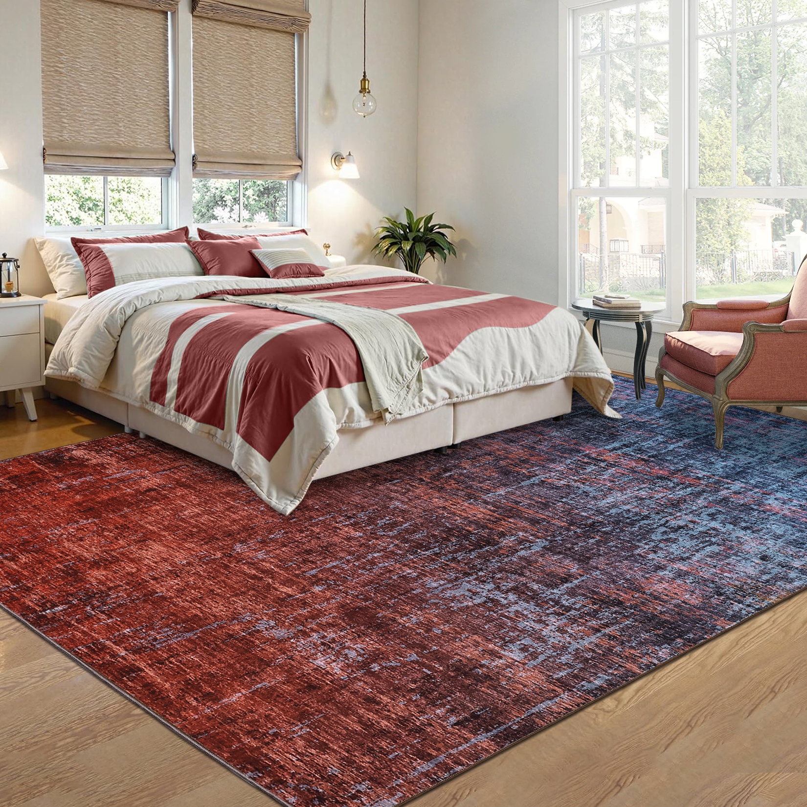 FairOnly 9'x12'Modern Abstract Gradient Color Area Rug Machine Washable Ultra Thin Low Pile Non Slip Carpet for Living Room Dining Room Bathroom,Red Blue