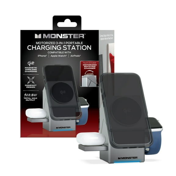 Monster Motorized 3-in-1 Wireless Charger Stand, 22.5W Qi2 Magnetic Charging Cube with Touch-Activated Rotating Mount, for iPhone 16/15/14/13, Apple Watch & AirPods, 30W USB-C PD Adapter Included
