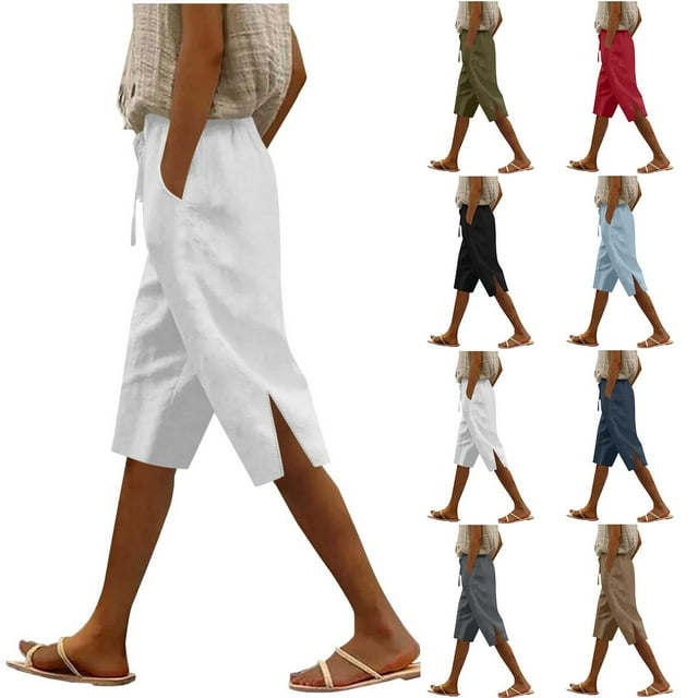 Sentmoon Linen Shorts with Pockets Solid Color Summer Bermuda Shorts for Women Drawstring Elastic Waist Relaxed Fit Straight Leg Side Slit Athletic Shorts for Women