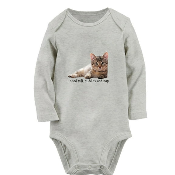 iDzn I Need Milk Cuddles And Nap Funny Rompers, Newborn Baby Unisex Bodysuits, Infant Animal Cat Graphic Jumpsuits, Toddler Kids Long Sleeve Oufits (Gray, 6-12 Months)