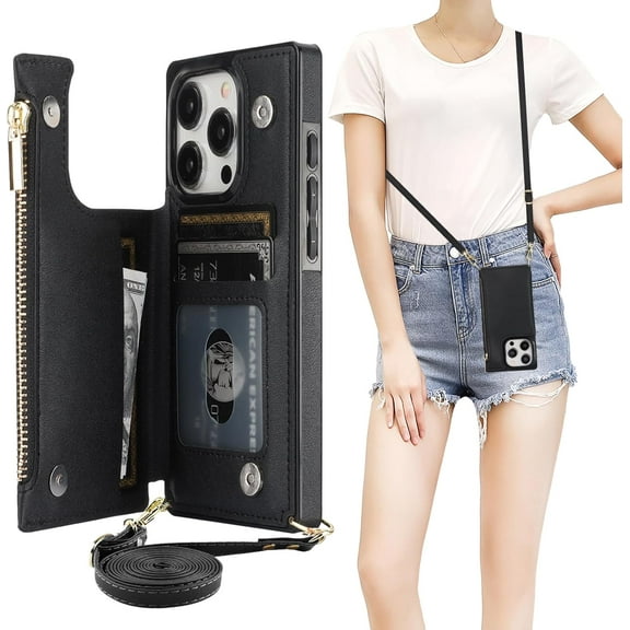 Crossbody Wallet Case for iPhone 15 Pro with RFID Blocking Card Slot Holder, Magnetic Flip Folio Purse Case, PU Leather Zipper Handbag with Detachable Lanyard Strap 6.1 Inch 5G (Black)