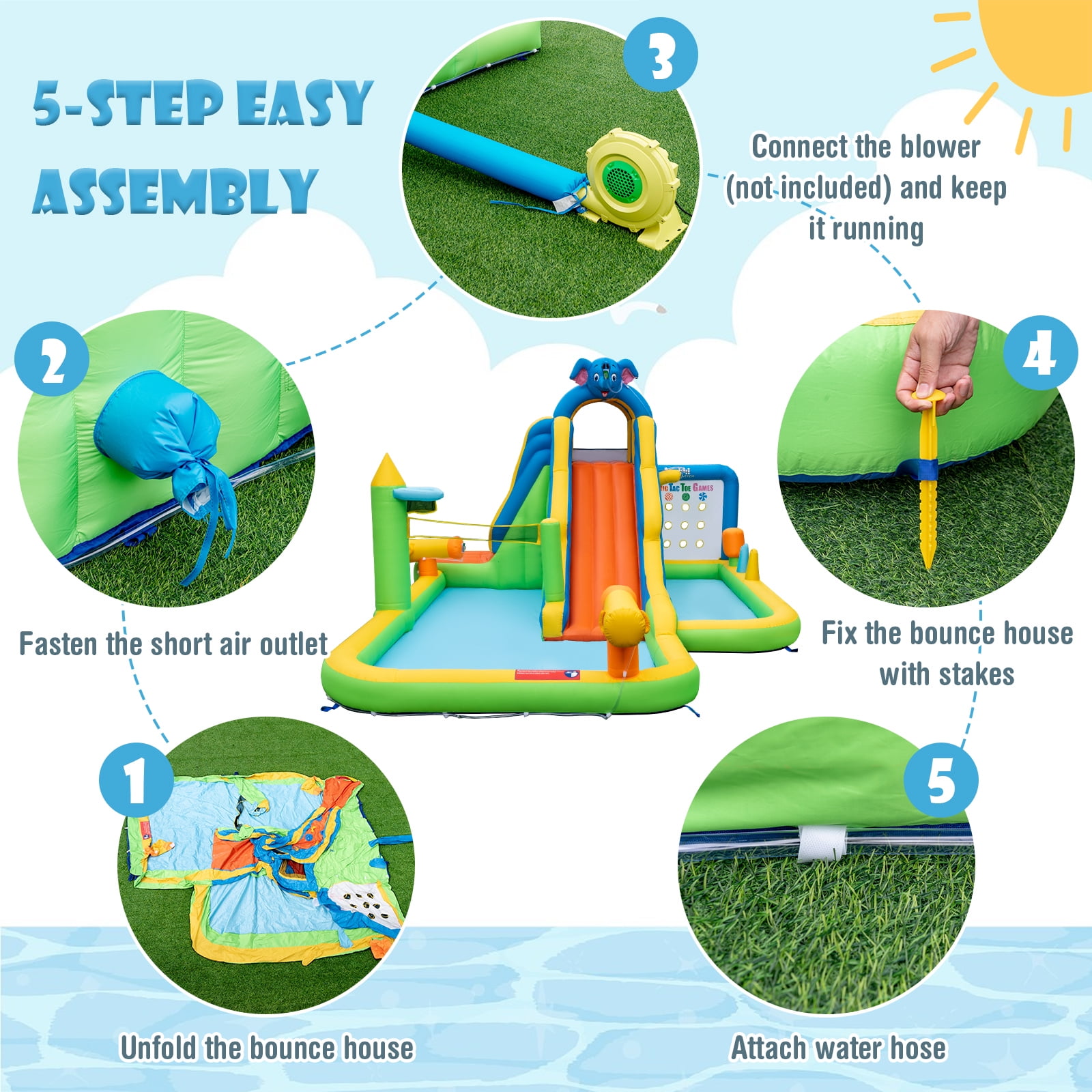 Topbuy Inflatable Water Slide 9-in-1 Blow-up Water Park for Kids with Splash Pool Climbing Wall Water Guns Basketball Toss