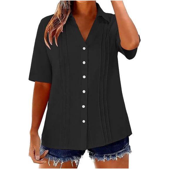 Women's Summer Short Sleeve Button-Down Shirt with Detachable Buttons and Lapel Collar
