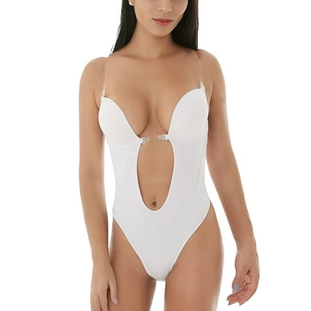 Defitshape Women s Backless Body Shapewear Seamless Faja Deep V Neck Bodysuit U Plunge Bodysuit Bridal Thong Shaper Open Crotch White 32 fit 32A/32B/32C