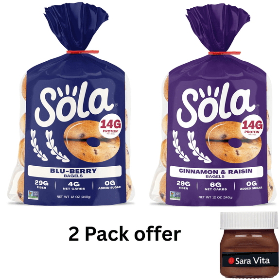 Sola Bread Cinnamon & Raisin Soft Bagels, Non-GMO, 12 oz, 4 Count | Sola Bread Blu-Berry Bagels, Non-GMO, 12 oz, 4 Count