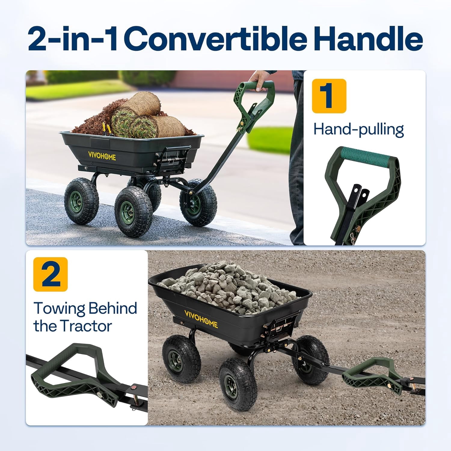 SPECSTAR 4 Cu.Ft. 660lbs. Poly Garden Cart Dump Wagon, with 2-in-1 Convertible Handle, 10" All Terrain Wheels,Quick Release System,Heavy Duty Utility Trailer Dump Cart for Yard,Landscaping,Warehouses