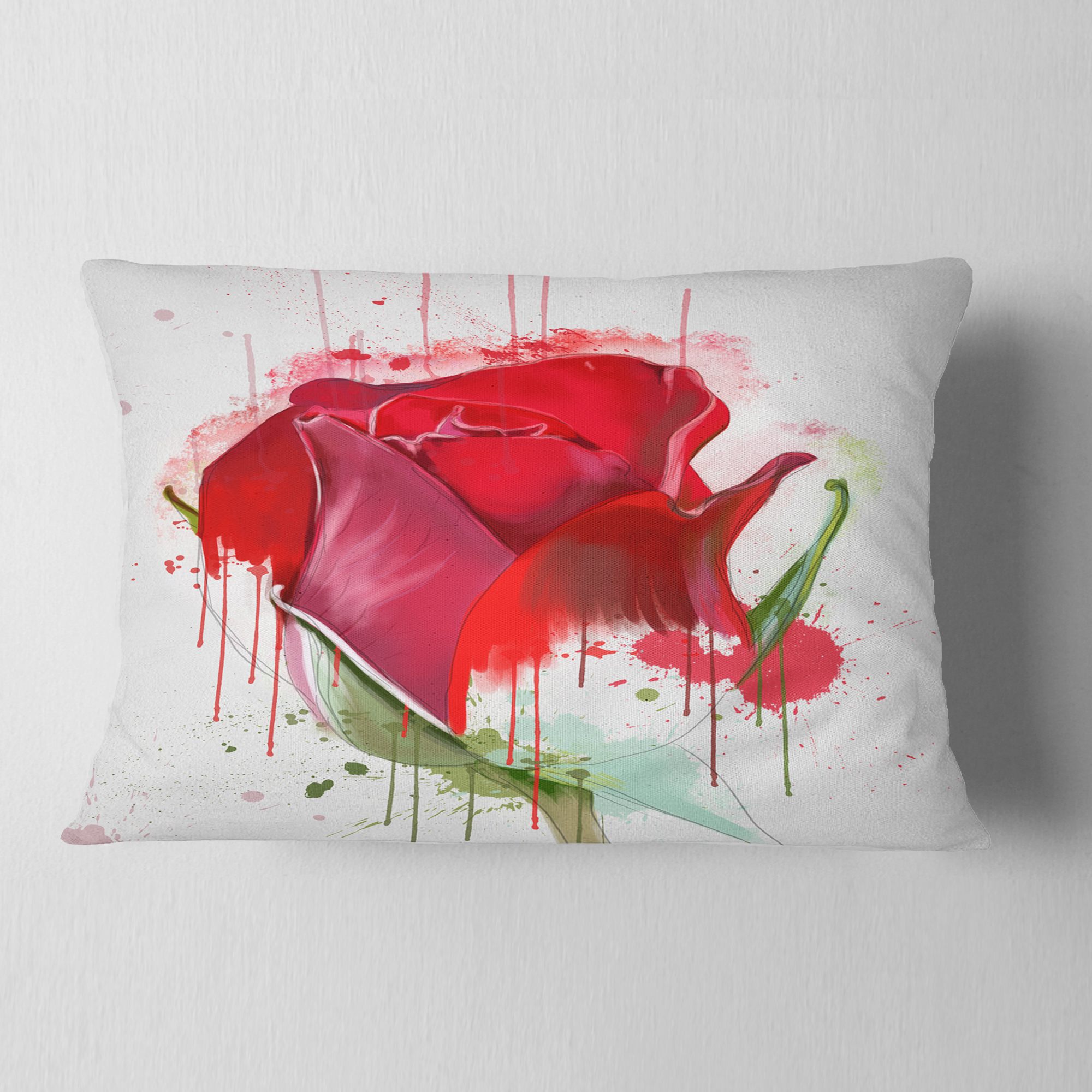 Designart Colorful Red Rose Sketch Watercolor - Floral Throw Pillow - 12x20