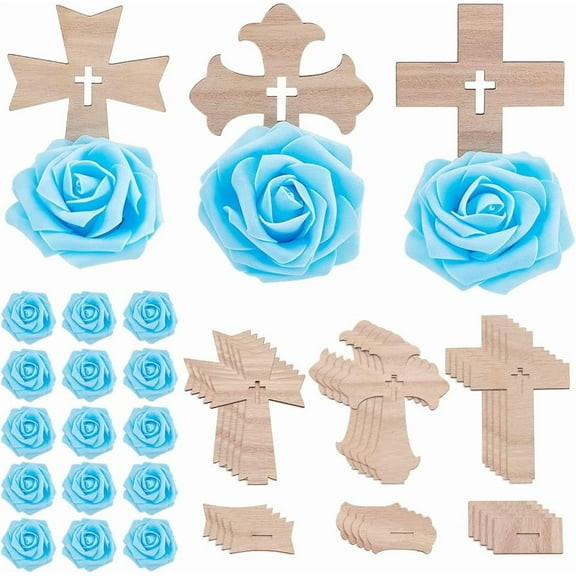 1set 18pcs 3 styles Wooden Cross Ornament Church Decoration with 18pcs Foam Artificial Rose Bouquet Mixed color Cross: 105~113x73x3mm 6pcs/style