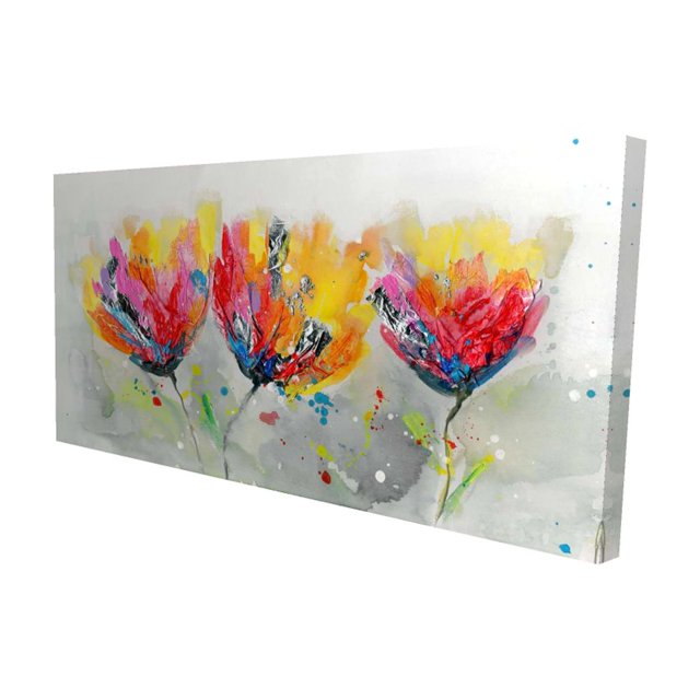 Quatre Fleurs Colorées sur Fond Gris - Toile 24"x48 Pouces - Impression sur Demande