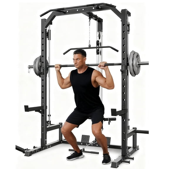 Memoryfield Smith Machine Home Gym with Barbell Bar, LAT Pulldown Cable System, Multi-Functional Squat Rack, Safety Spotter Arms & J Hooks for Full Body Strength Training, Black
