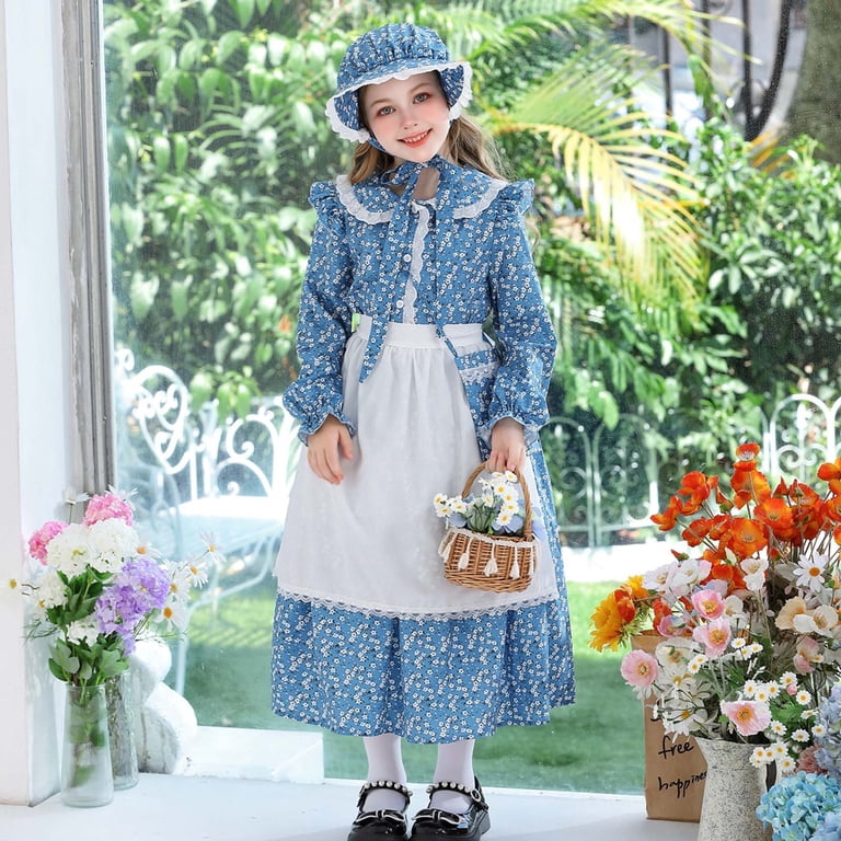 Girls' Dresses Toddler Kids Girls Floral Prairie Dress Kirt Hair  Accessories Apron Bag 4 Piece Set Toddler Dresses Sky Blue 7 Years-8 Years