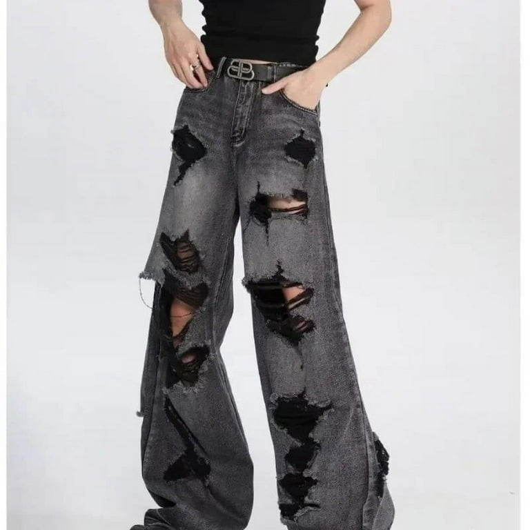 Deeptown Black Y2k Ripped Jeans Women Harajuku Gothic Grunge Deeptown Black Y2k Ripped Jeans Women Harajuku Gothic Grunge