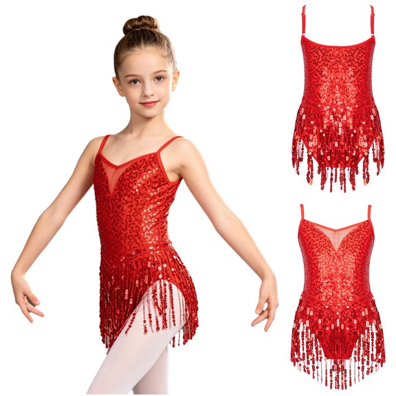 Aislor Kids Girls Shiny Sequin Latin Jazz Ballet Dance Dress with Tassel Hem Ballroom Party Costume 6-14 Red 14
