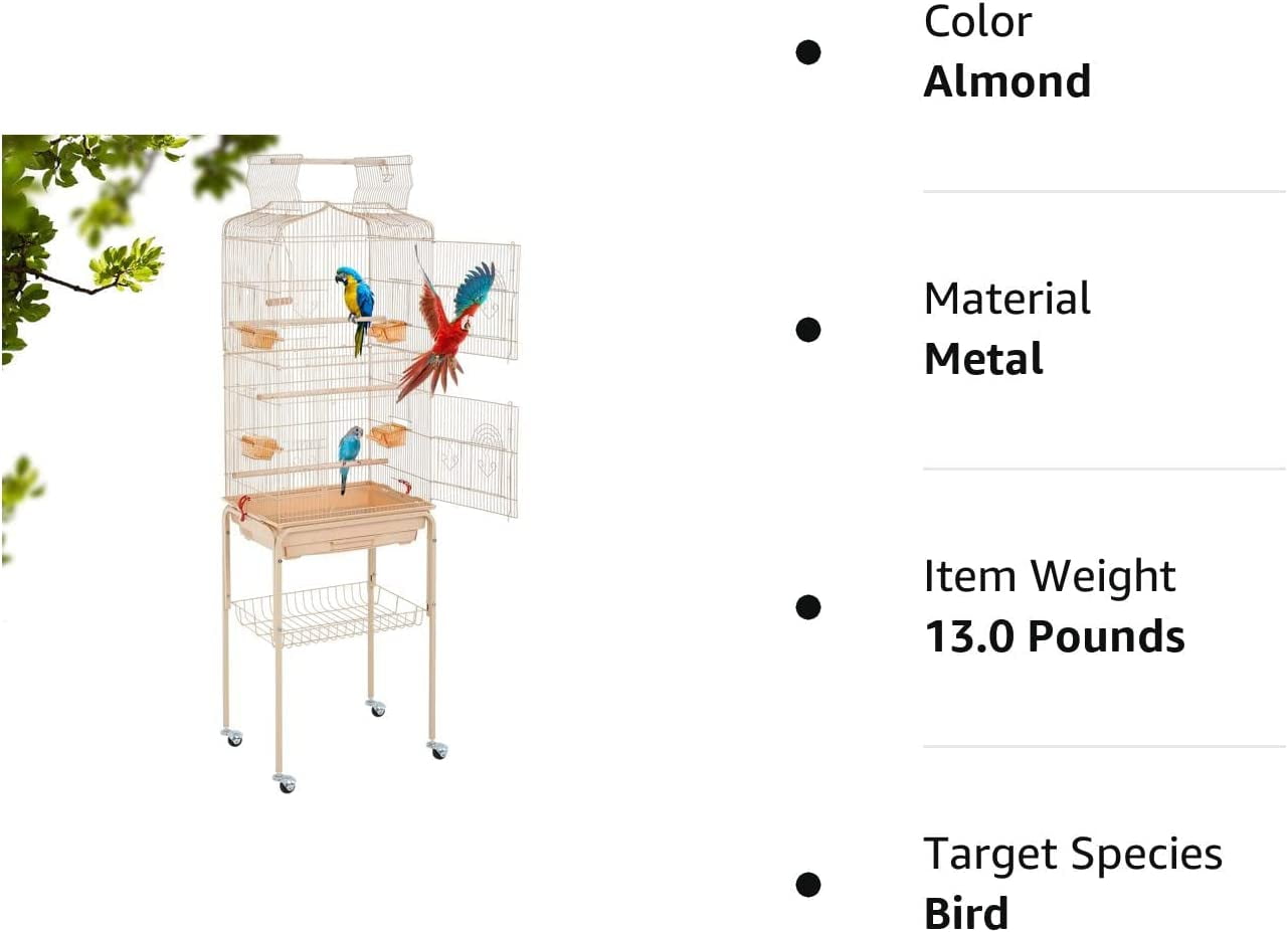 NiamVelo 64-inch Metal Bird Cage with Rolling Stand & Bottom Tray, Pet Storage Shelf Parrot Cage with Open Play Top for Lovebirds & Parakeets, Almond