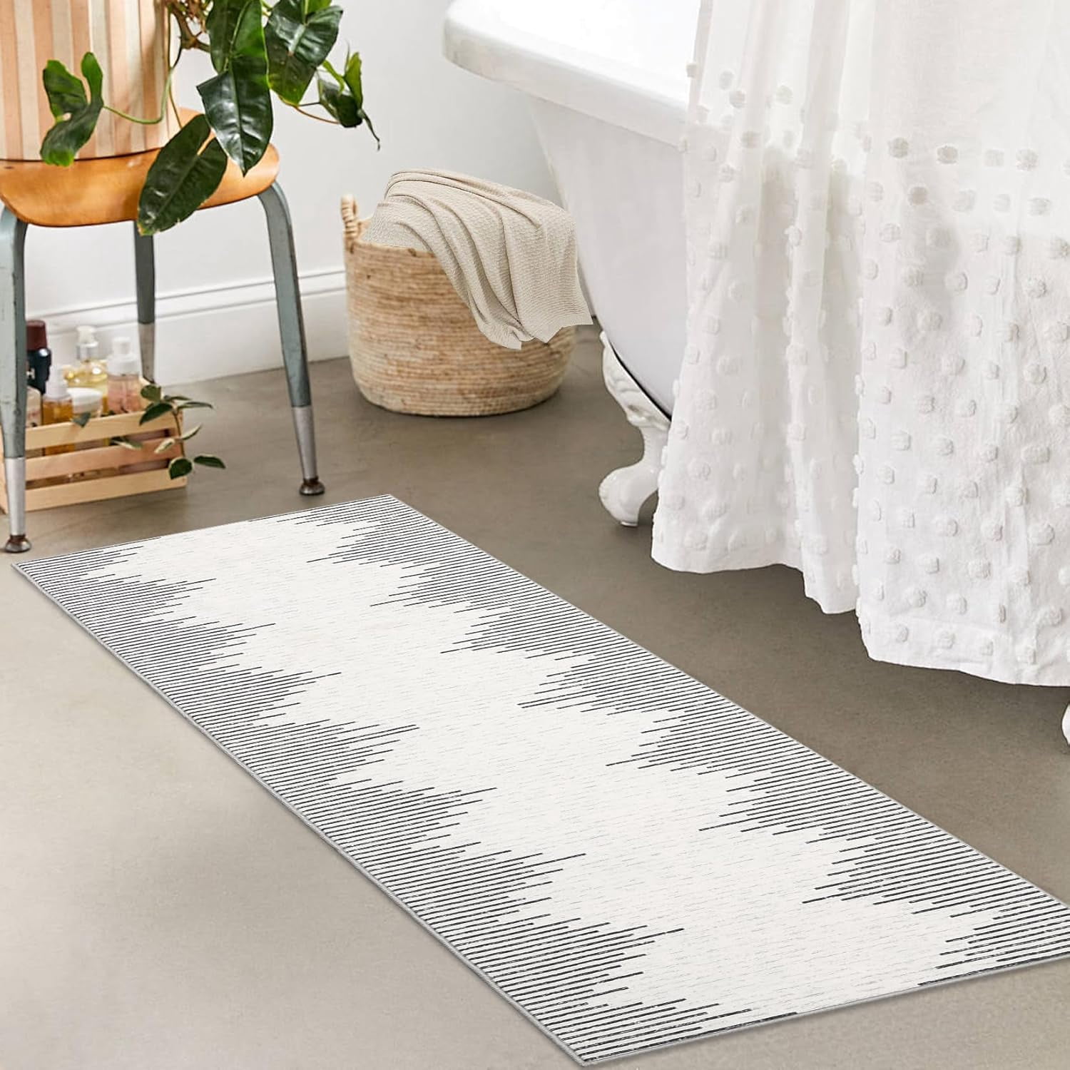 2x6 Washable Runner Rug for Front Door Bedroom Bedside Entryway Low Pile Neutral Area Rug Modern Striped Farmhouse Rugs White Rug