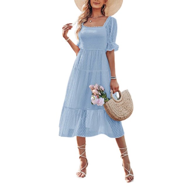 CHOK Robe Longue en Chiffon Été Manches Courtes Col Carré Robe Femme Décontractée Plage Vacances-Blanc TG