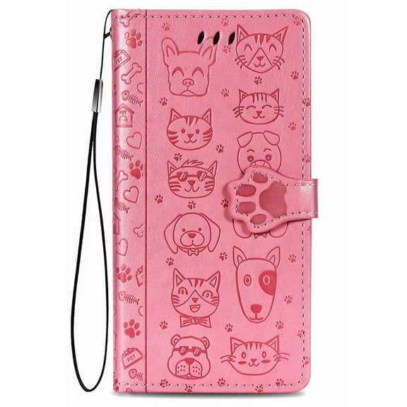Samsung Galaxy A14 5G Phone Case, Emboss Cat PU Leather Wrist Strap Shockproof 360 Full Protection Magnetic Stand Wallet Shell Slim Folio Flip Case Cover Samsung A14 5G 6.6", Pink