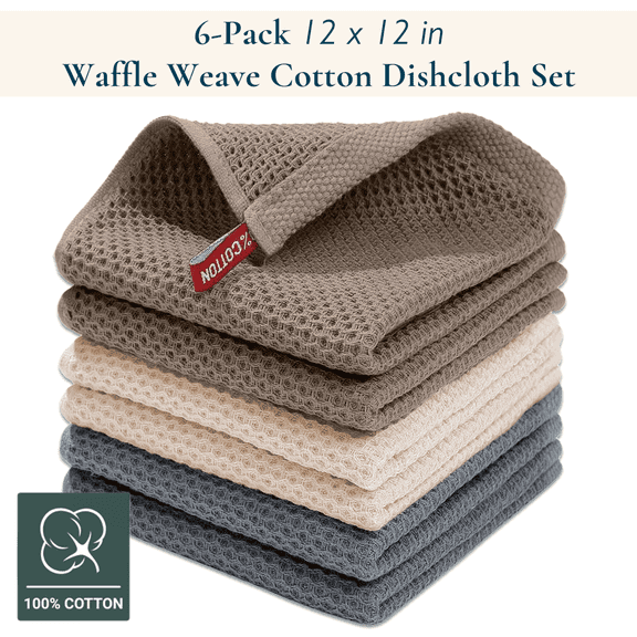ComfiTime Dish Towels, 100% Cotton Waffle Weave Dish Cloth, Reusable Dish Rags Kitchen Hand Towels for Drying Dishes, Soft & Absorbent Cleaning Cloths, Small Dish Wash Cloths, 12x12, 6Pack