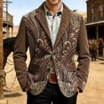 thumbnail image 2 of DGMIOCS Men's Corduroy Western Print Blazer Vintage Single Button Coat Long Sleeve Jacket with Pockets Coffee L, 2 of 5