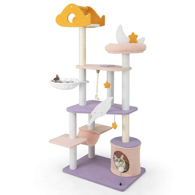Gymax Arbre à Chat Chats Tour pour Chat à Plusieurs Niveaux avec Poteaux à Griffer Recouverts de Sisal Hamac