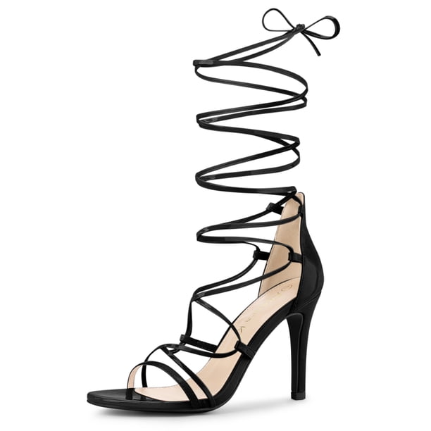 Sandalias Correas De Tiras Tacón De Aguja Cordón Arriba Para Mujeres Black 39