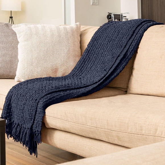 Chenille Basket weave Knit Throw with Fringe, Lightweight Breathable Chenille Blanket for Couch, Chair, Bed, Outdoor Use