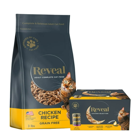 Bundle: Reveal Pet Food Dry Cat Food, Chicken 3lb, & Reveal Pet Food Wet Cat Food Chicken Variety Pack in Broth, 2.47oz Cans