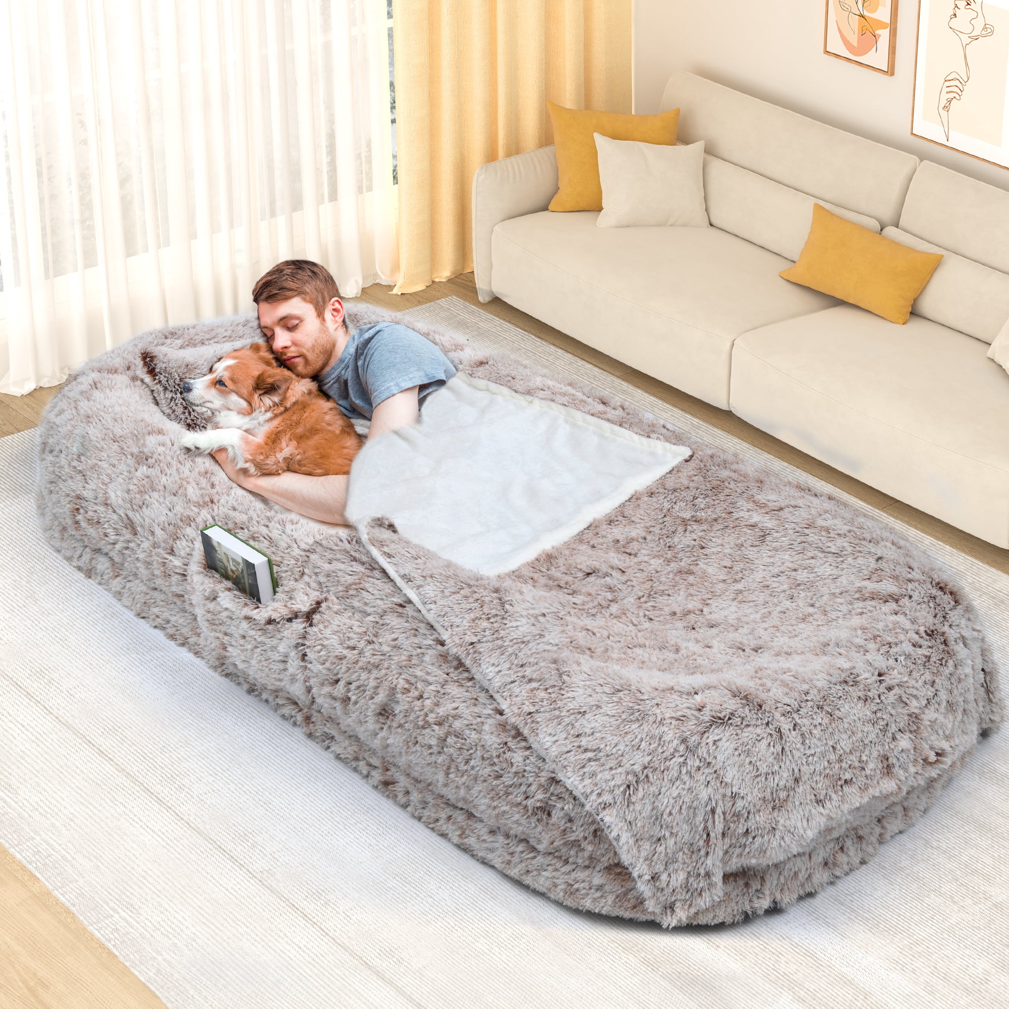 Uforic Oversized 79"x43" Human Dog Bed with Memory Foam, Pillow & Blanket, Washable Dark Brown Fur Cover