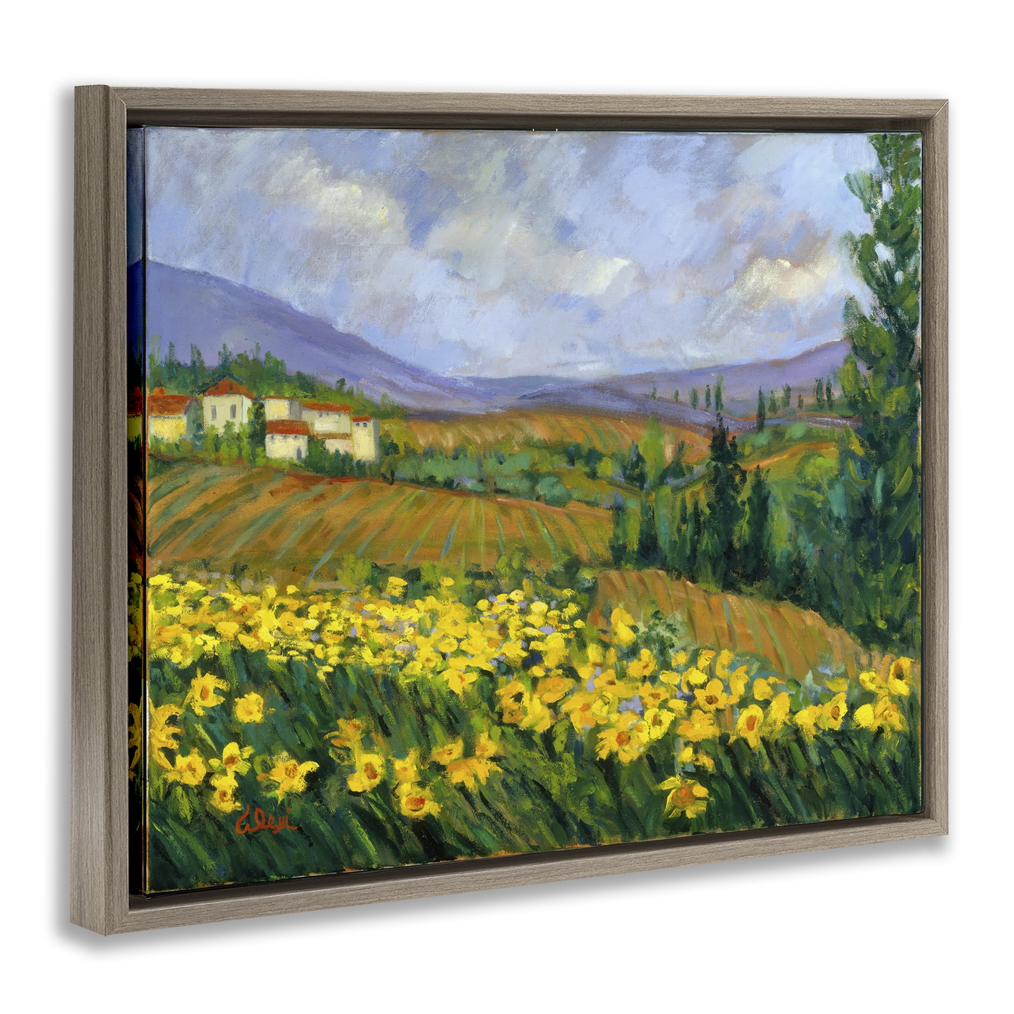 Stupell Industries Daffodil Field by Farm Landscape & Nature Painting Brown Floater Framed Canvas Art Print Wall Art, 31 x 25