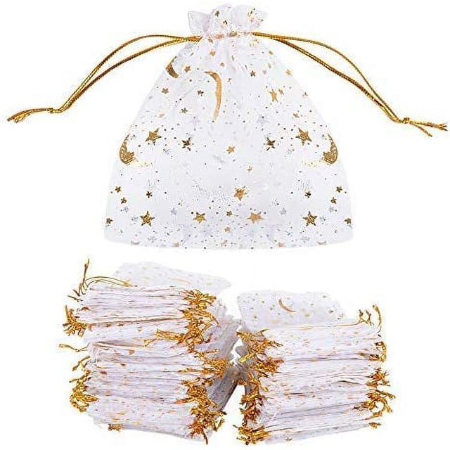 100 bolsas de organza (9 * 12 cm) Bolsa de azúcar Bolsa de joyería Bolsas de dulces Patrón de estrella y luna Estampado en caliente para fiestas Bodas Dulces Chocolate Navidad Regalos de cumpleaños (B