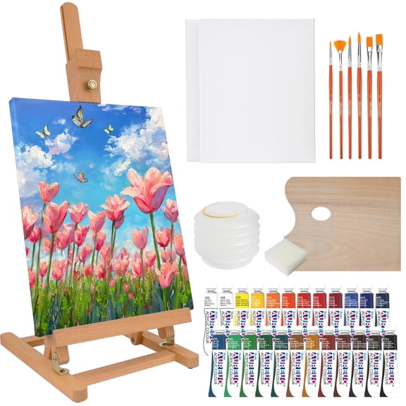 AUREUO 35PCS Acrylic Painting Set, Complete Starter Kit with Table Easel, 24 Colors Acrylic Paints, 5 Brushes, 2 Canvases, Palette, Brush Washer & Sponge for Artists, Hobbyists, Beginners
