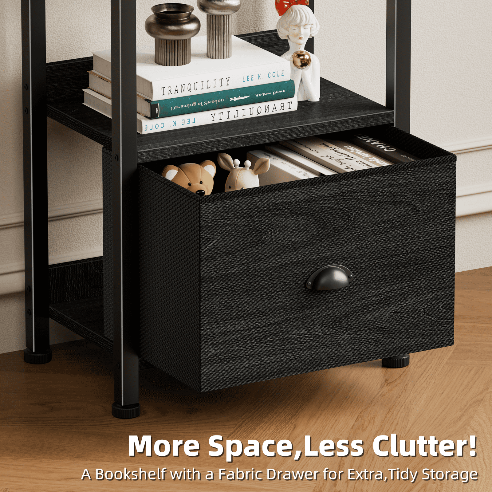 Satifur 6 Tier Industrial Bookcase with Single Removable Drawer, Adjustable Foot Pads, Black Oak Standing Storage Shelf for Living Room & Entryway