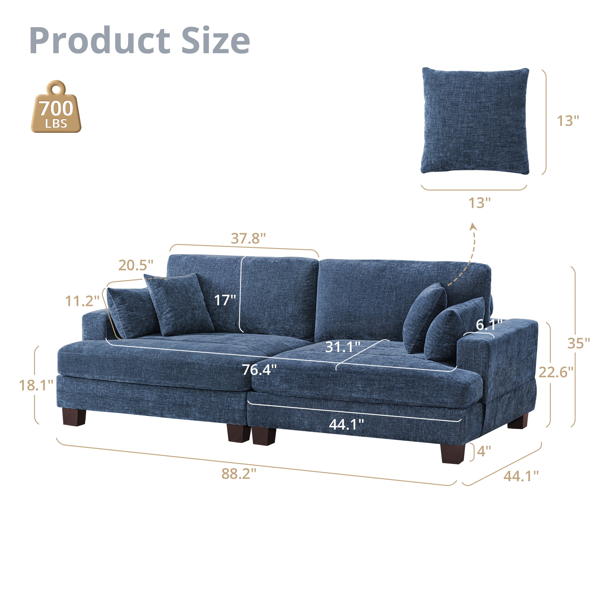 Dycanpo 3 Seater Corduroy Sectional Sofa with Pillow, 88" Upholstered Blue Couch,, Loveseat Sofa for Living Room, Blue