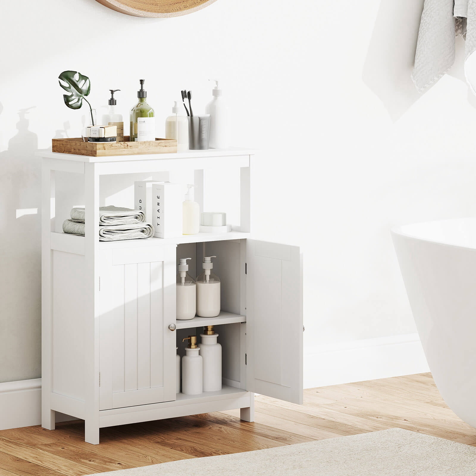 Costway Bathroom Floor Cabinet Freestanding Storage Organizer with 2 Doors Open Compartment White