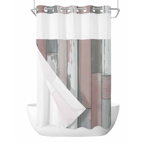 No Hook Cloth Fabric Shower Curtain with Snap in Liner, Wooden Grain Retro Waterproof Shower Curtains Set with See Through Top Window, Country Mottled Vertical Stripes Bath Curtains Shower 54"x78"