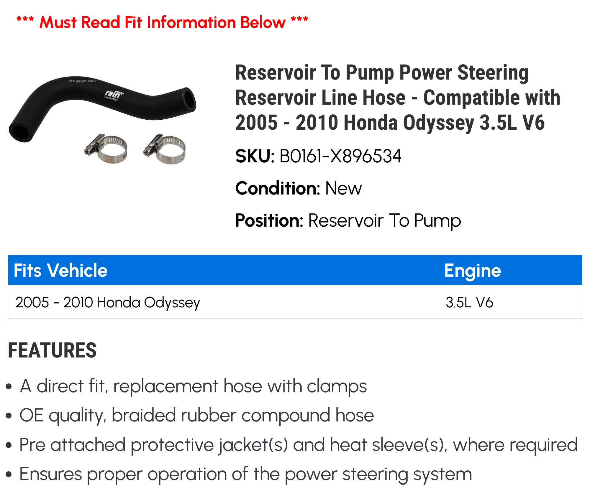Reservoir To Pump Power Steering Reservoir Line Hose - Compatible with 2005 - 2010 Honda Odyssey 3.5L V6 2006 2007 2008 2009