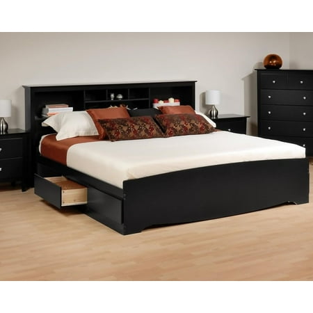 Platform Storage Bed w\/ Bookcase Headboard-Bed Size: King, Color: Black